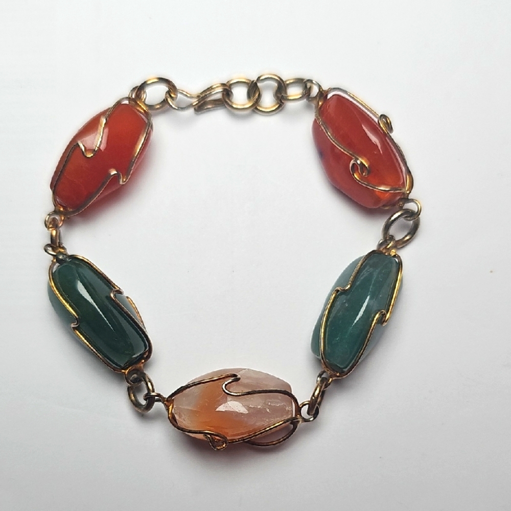 Vintaged Goldtone Multi-Colored Gemstone Stone Bracelet